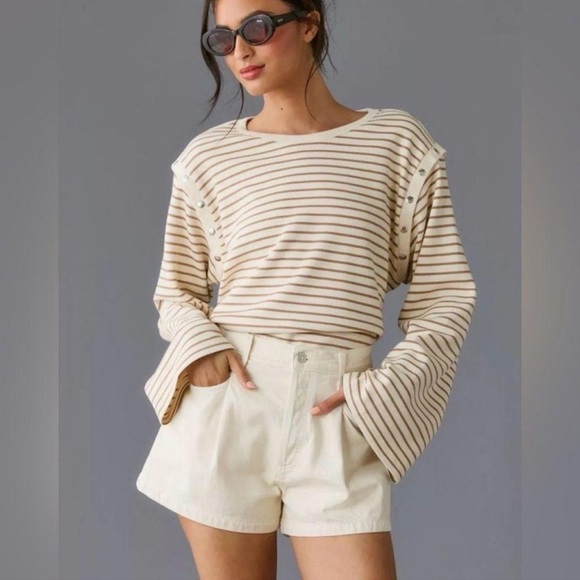 Anthropologie Tops - Anthropologie Maeve Women's Slouchy Striped Long Sleeve Shirt Cream Tan Medium